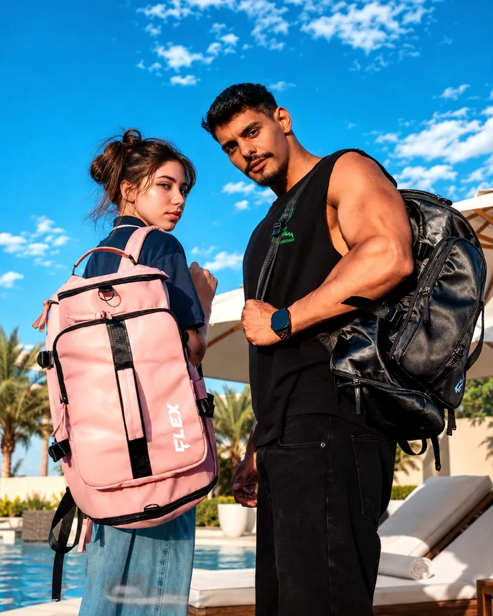 Low-angle frame of two people against blue sky, one with a pink backpack and one with a black backpack.