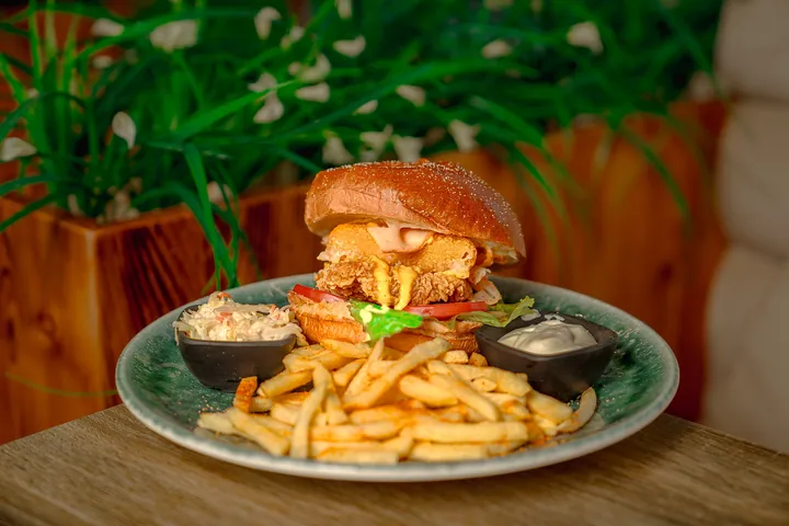A chicken burger with fries on a plate against a background of green foliage.