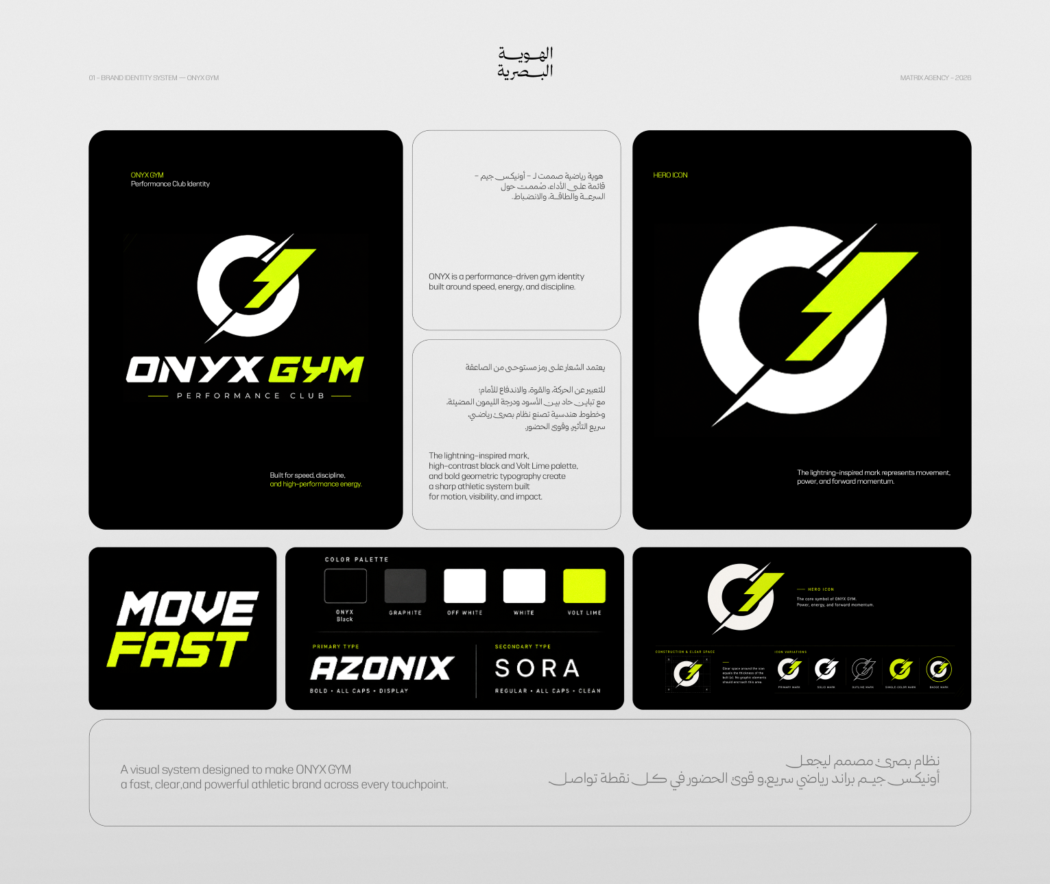هوية ONYX GYM البصرية بعلامة الصاعقة والخلفية الداكنة ونظام الخطوط ولغة الحركة عالية الطاقة.