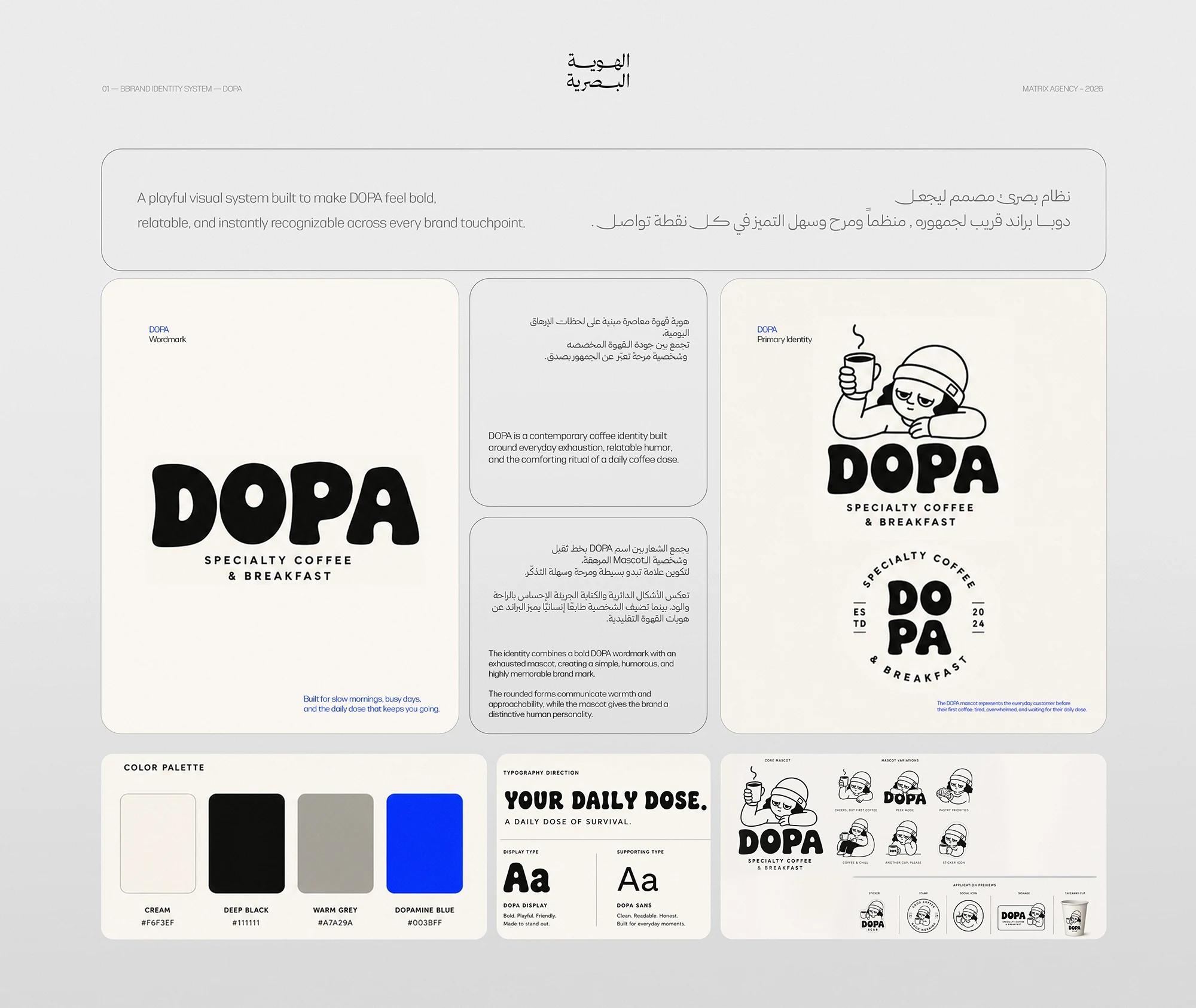 DOPA identity-system board featuring the wordmark, mascot, colour palette, typography direction, and primary brand applications.