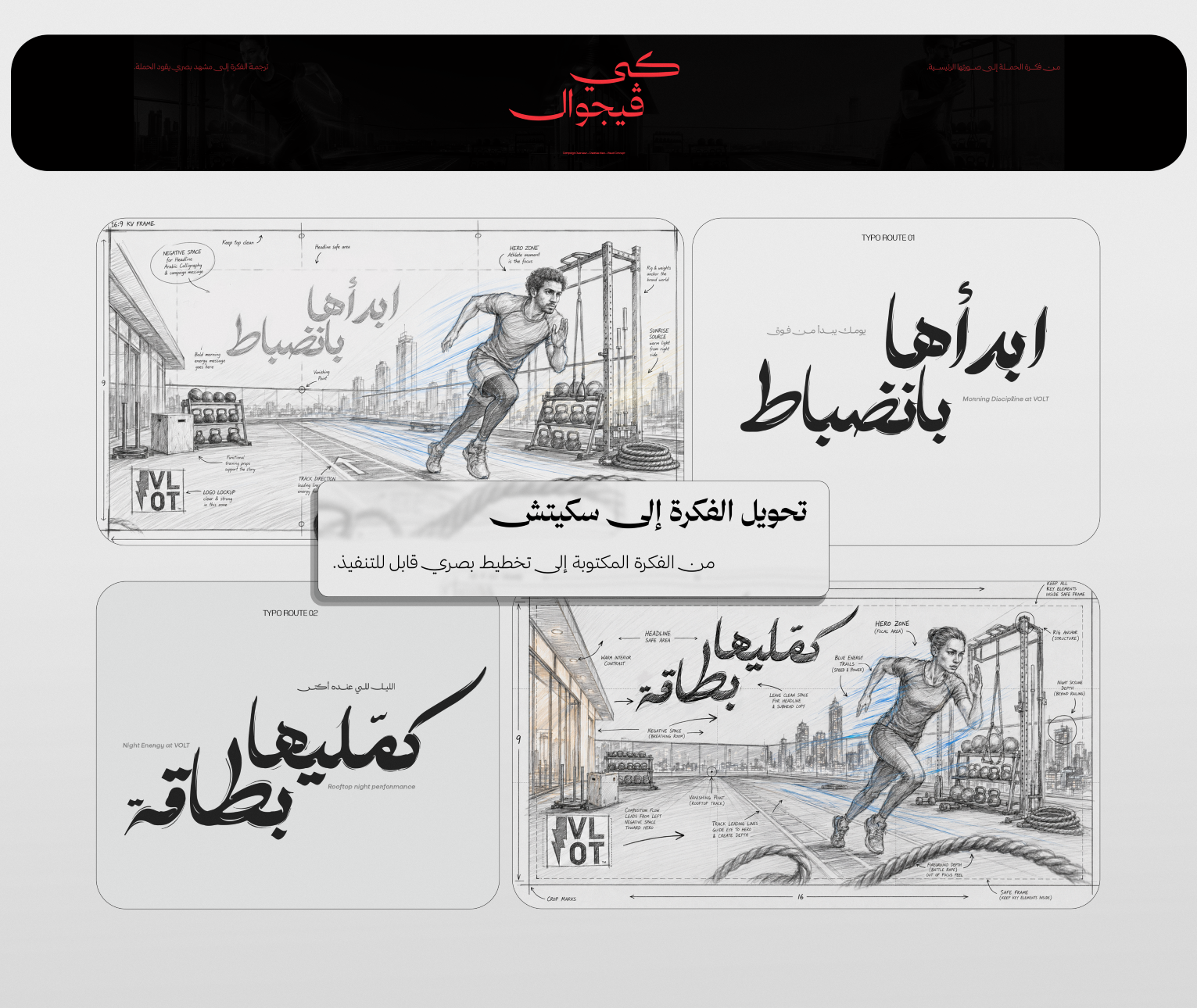 اسكيتشات وتطوير تكوين حملة VOLT، مع مسارات الكتابة البصرية لحالتي انضباط الصباح وطاقة الليل.