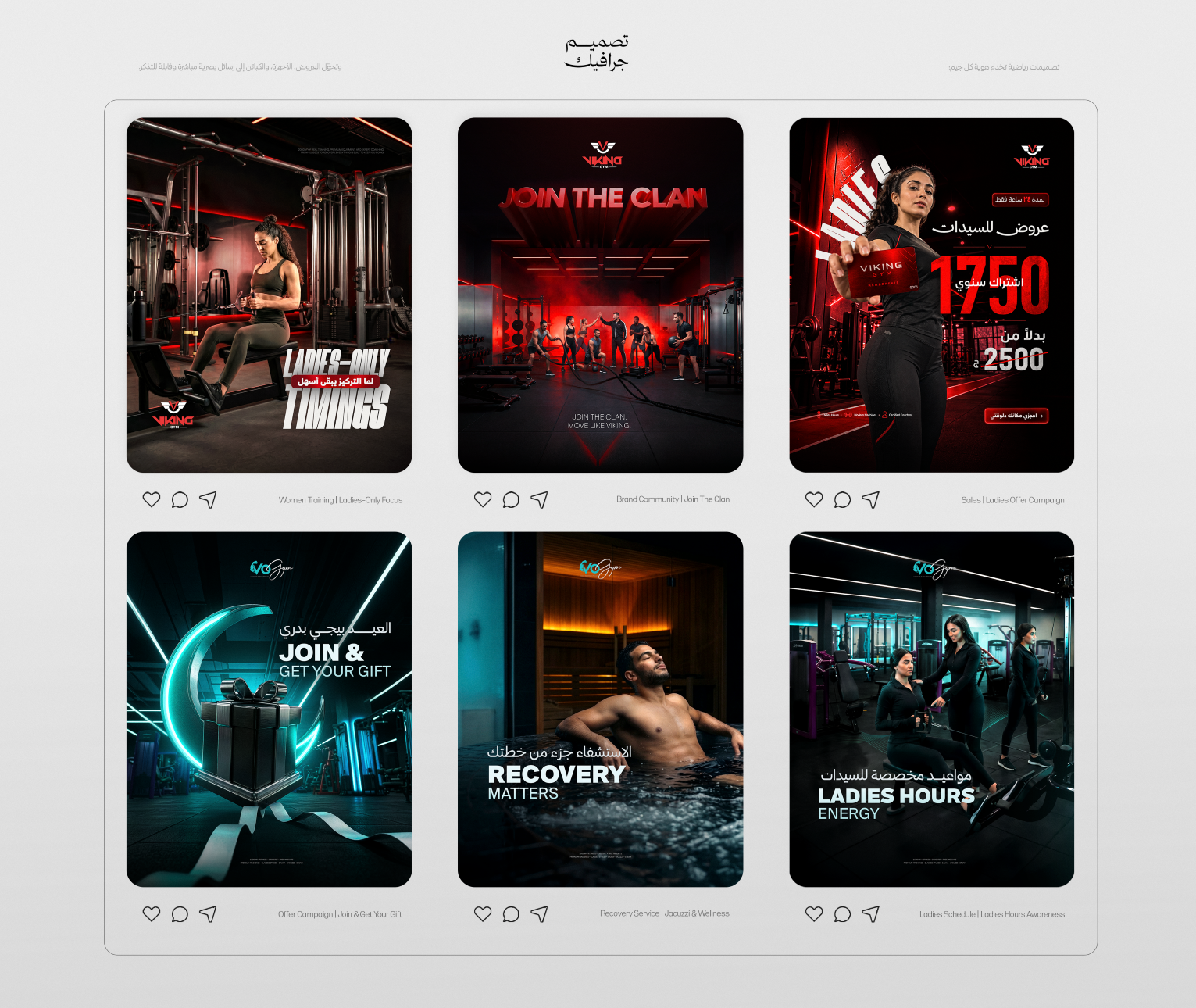 Portfolio showcase — mixed social media design set combining VIKING GYM posts (Ladies-Only Timings, Join The Clan, Ladies Offer) and VO GYM posts (Join & Get Your Gift, Recovery Matters, Ladies Hours).